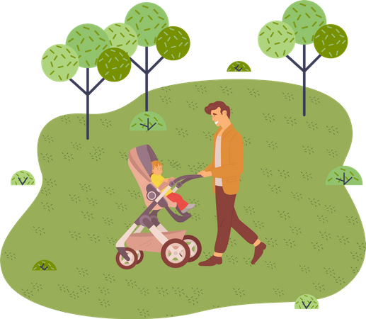 Young father rolls stroller with a baby in the city park  Illustration