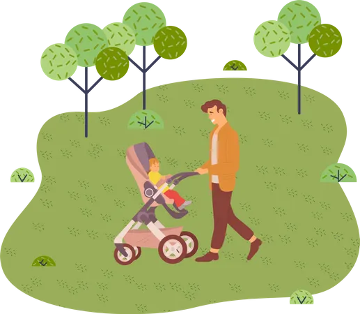 Young Father Walks With Baby In Park Or Square Dad Rolls The Baby In A Stroller Walk Out Of Town To The Nature Green Spaces A Family Walk Spring Days Recreation And Relax Flat Vector Image Illustration