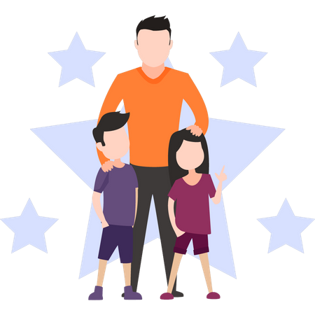 Young father standing with children  Illustration
