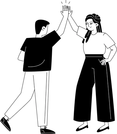 A Young Female And Male Employees Give Five Each Other Illustration