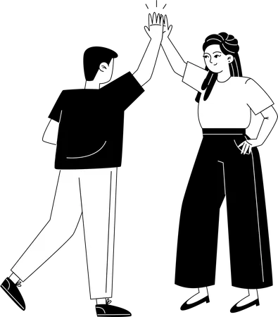 Young female and male employees give five each other  Illustration