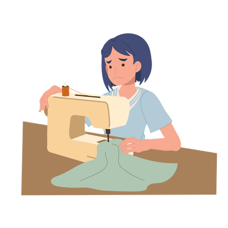 Young female beginner trying to sew with sewing machine while looking confused and unsure in her sewing  Illustration