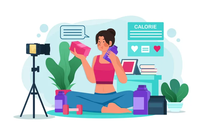 Young female blogger or vlogger and online influencer recording video content on healthy food  Illustration
