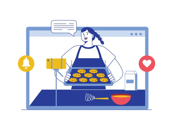 Young female cooking online  Illustration