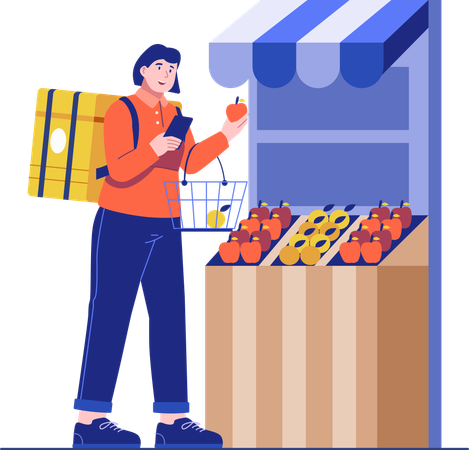 Young female courier shopping for groceries ordered via a mobile app  Illustration