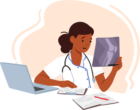 Young female doctor looking at patient x-ray  Illustration