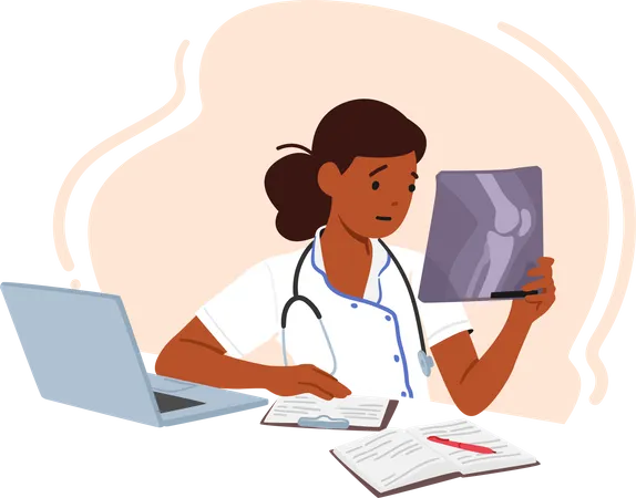 Young female doctor looking at patient x-ray  Illustration