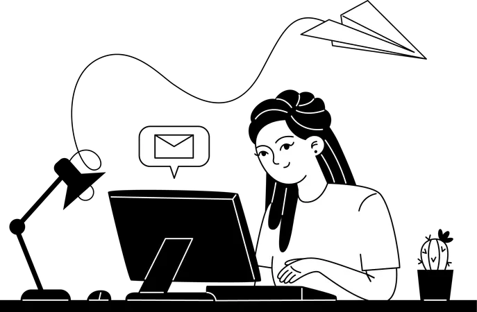 Young Female Employee Corresponds By Email While Sitting At A Computer At Her Workplace Illustration