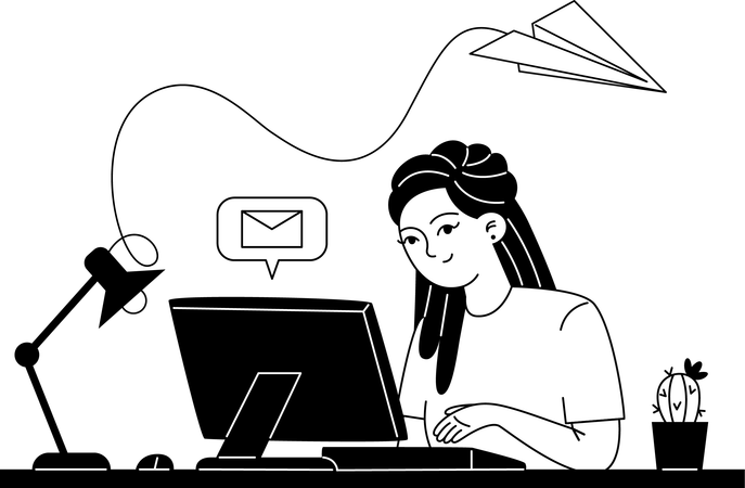 Young female employee corresponds by email while sitting at computer at workplace  Illustration