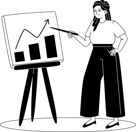 A Young Female Employee Makes A Presentation About The Companys Success Using A Chart And Statistics Illustration