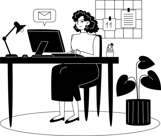 A Young Female Employee Works On A Computer At Her Workplace Illustration
