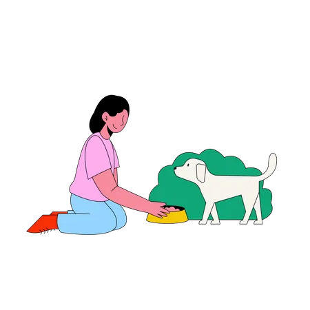Young Female Feeding Dog Illustration