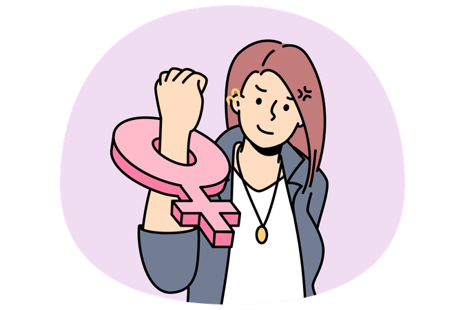 Young female feminist with female symbol on fist stand for feminism and women rights  Illustration