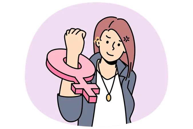 Young female feminist with female symbol on fist stand for feminism and women rights  Illustration