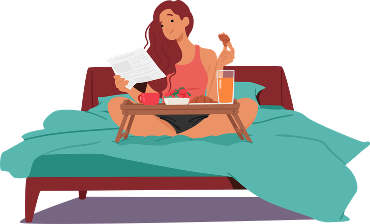 Young Female Having Relishing Leisurely Breakfast In Bed  Illustration