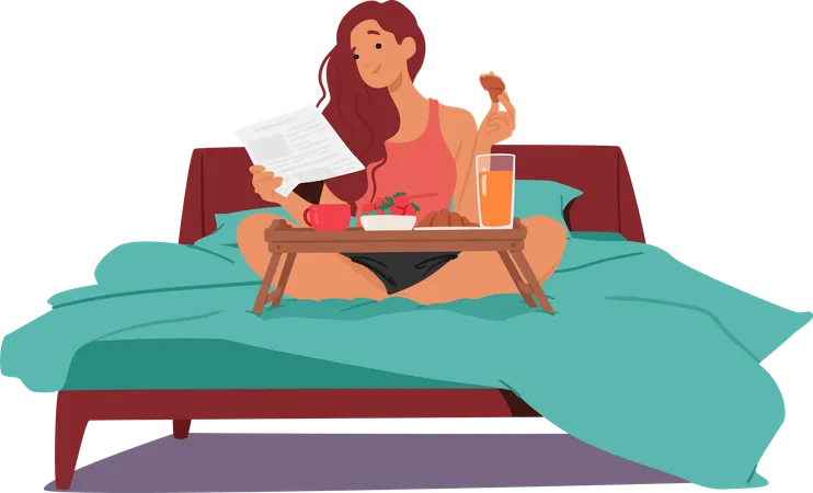 Young Female Having Relishing Leisurely Breakfast In Bed  Illustration
