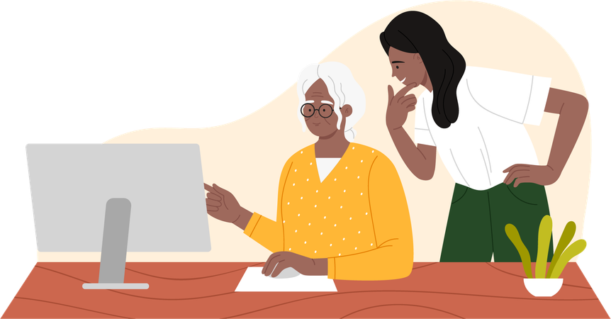 Young female helping old woman to Learn Computer  イラスト
