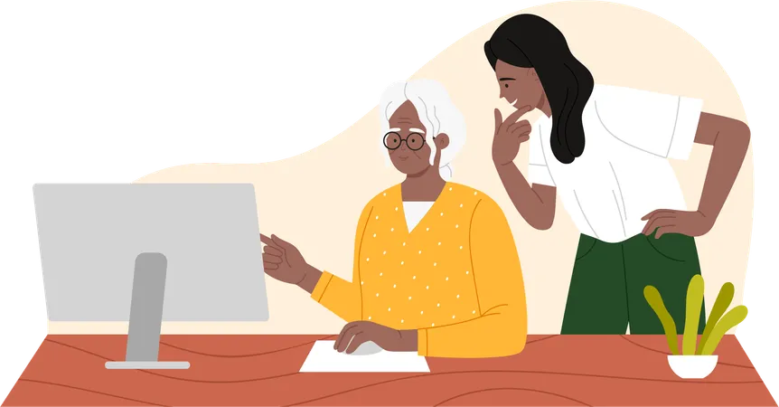 Young female helping old woman to Learn Computer  Illustration