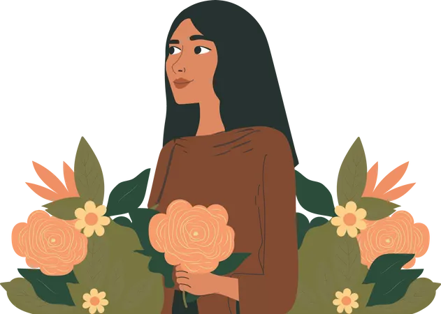 Young Female holding Beautiful Flowers  Illustration