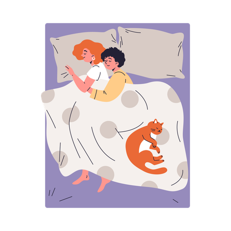 Young female lesbian couple hugging under blanket  Illustration