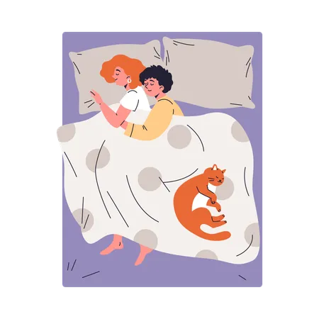 Young female lesbian couple hugging under blanket  Illustration