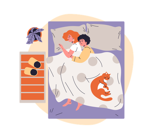 Young female lesbian couple hugging under blanket lying on the bed with pet  Illustration