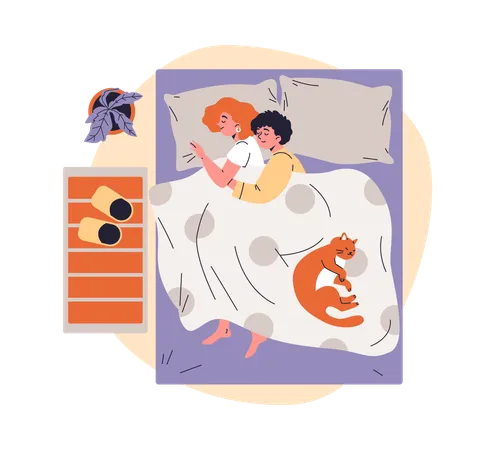 Young female lesbian couple hugging under blanket lying on the bed with pet  Illustration