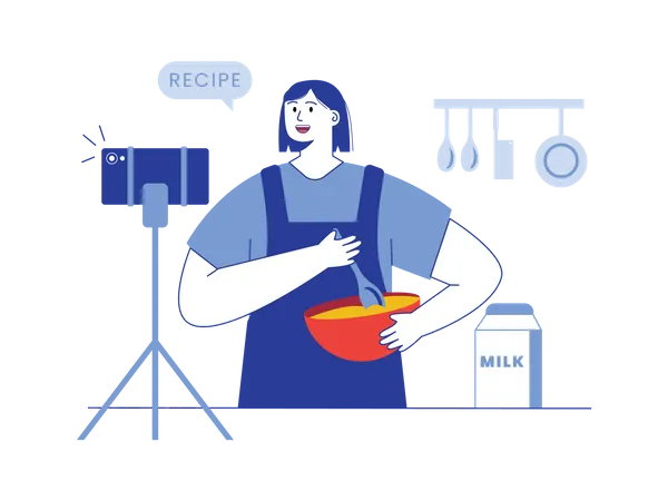 Young female live shooting food recipe  Illustration