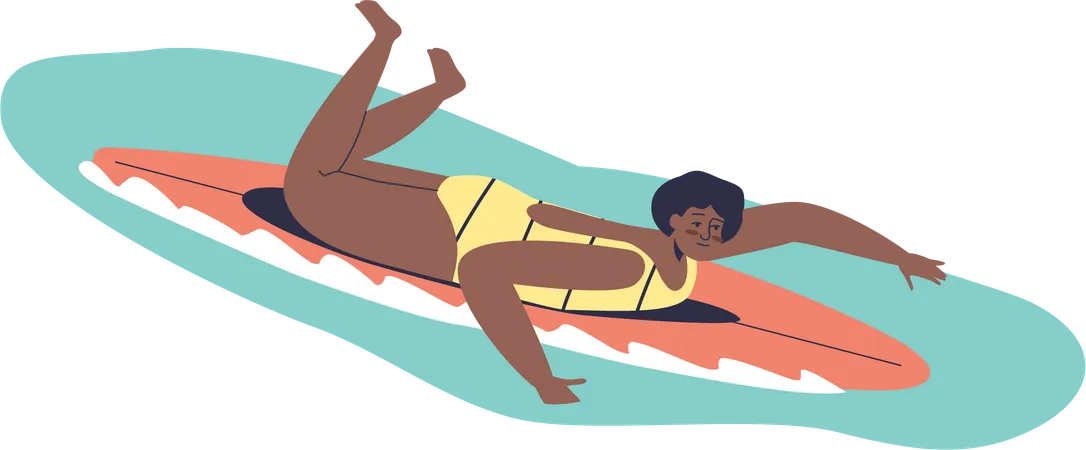 Young female lying on surf board riding wave  Illustration