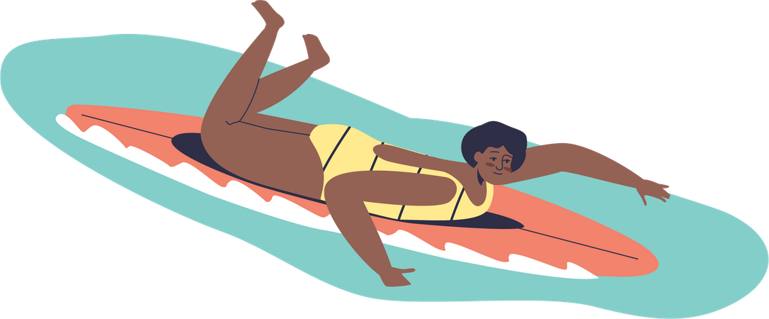 Young female lying on surf board riding wave  Illustration