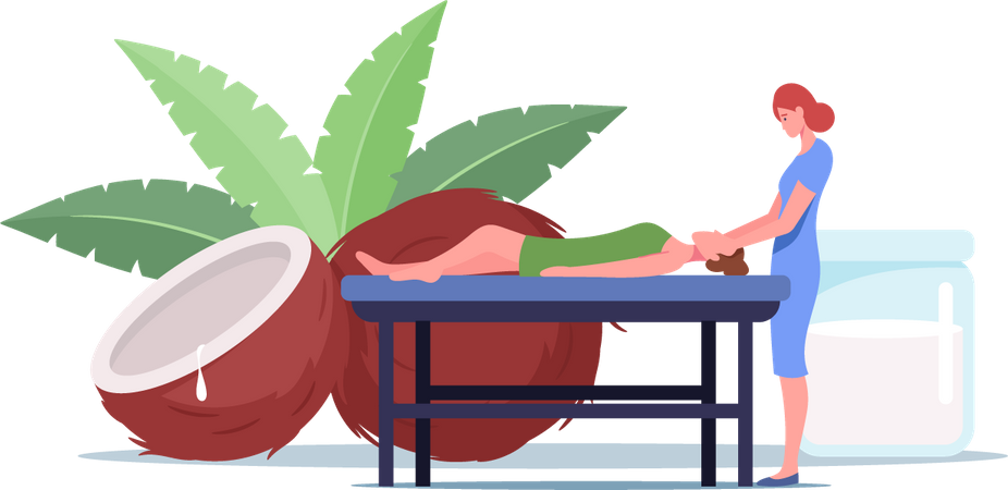 Young Female Lying on Table Massage with Coconut Oil in Spa  Illustration