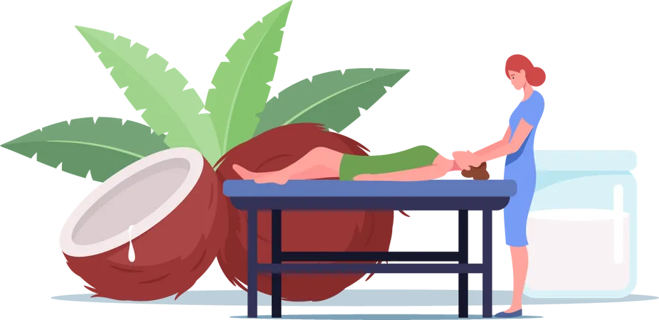 Young Female Lying on Table Massage with Coconut Oil in Spa  Illustration