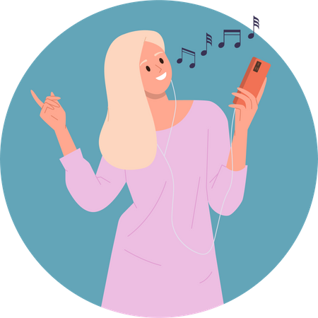 Young female music lover listening favorite melody and dancing tracks on mobile phone  Illustration