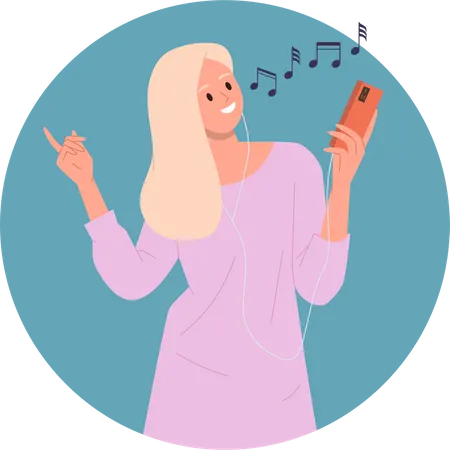 Young female music lover listening favorite melody and dancing tracks on mobile phone  Illustration