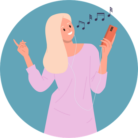 Young female music lover listening favorite melody and dancing tracks on mobile phone  Illustration