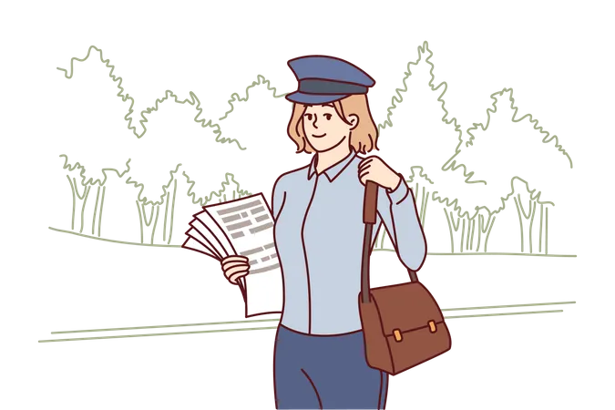 Young female postman holding bag and letters  Illustration