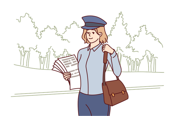 Young female postman holding bag and letters  Illustration