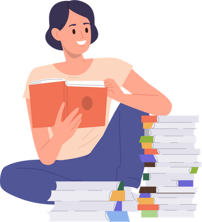 Young female reading sitting at book sack  Illustration