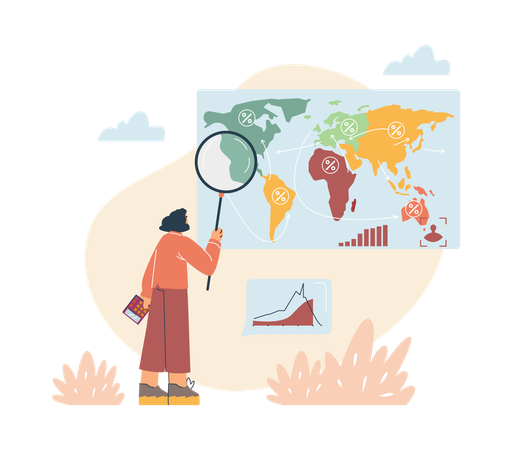 Young female scientist analyzes research on global demographic data  Illustration