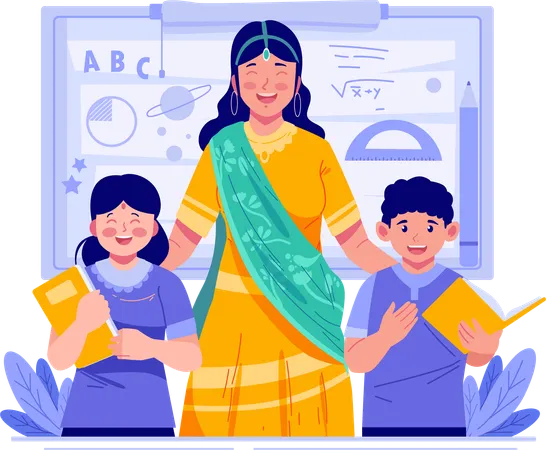 Young Female Teacher With Children Students  Illustration