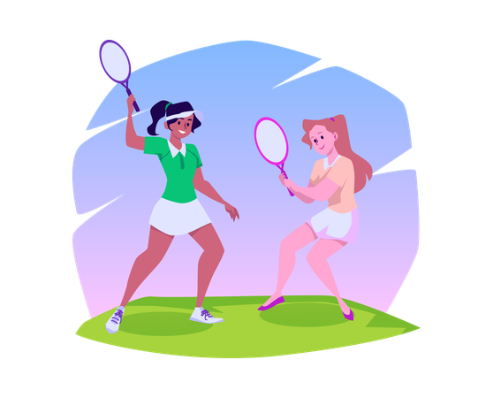 Young female tennis players with rackets on the lawn  Illustration