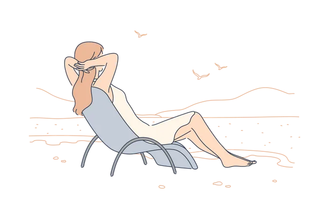 Young female tourist sitting in lounge chair on sea beach  Illustration