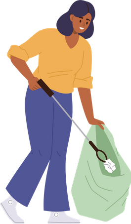 Young female volunteer cleaning nature from garbage picking paper trash into sack  Illustration