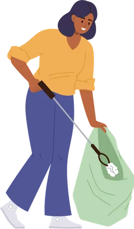 Young female volunteer cleaning nature from garbage picking paper trash into sack Illustration