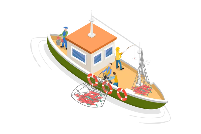 3 D Isometric Flat Vector Conceptual Illustration Of Commercial Fishery Fishing Ship With Full Fish Net Illustration