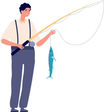 Young fisherman catching fish  Illustration