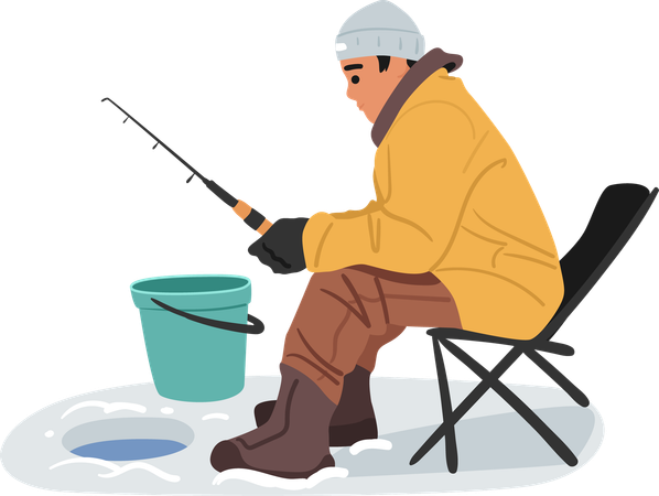 Young fisherman relaxing outdoors during winter fishing sitting on chair front of ice hole in lake  Illustration