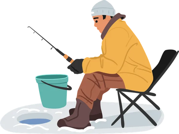 Young fisherman relaxing outdoors during winter fishing sitting on chair front of ice hole in lake  Illustration