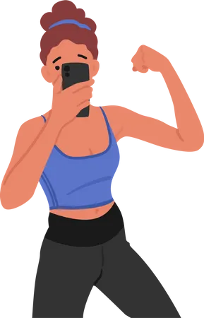 Gym Selfie Concept Young Fit Woman Captures Workout Triumphs On Smartphone Strong Female Character Showing Muscles Documenting Her Dedication And Fitness Success Cartoon People Vector Illustration Illustration