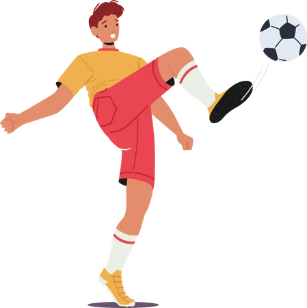 Young Football Player Character In Team Uniform Kick Ball Sportsman During Soccer Competition League Tournament Sport Life Sportsman In Motion At Game Cartoon People Vector Illustration イラスト